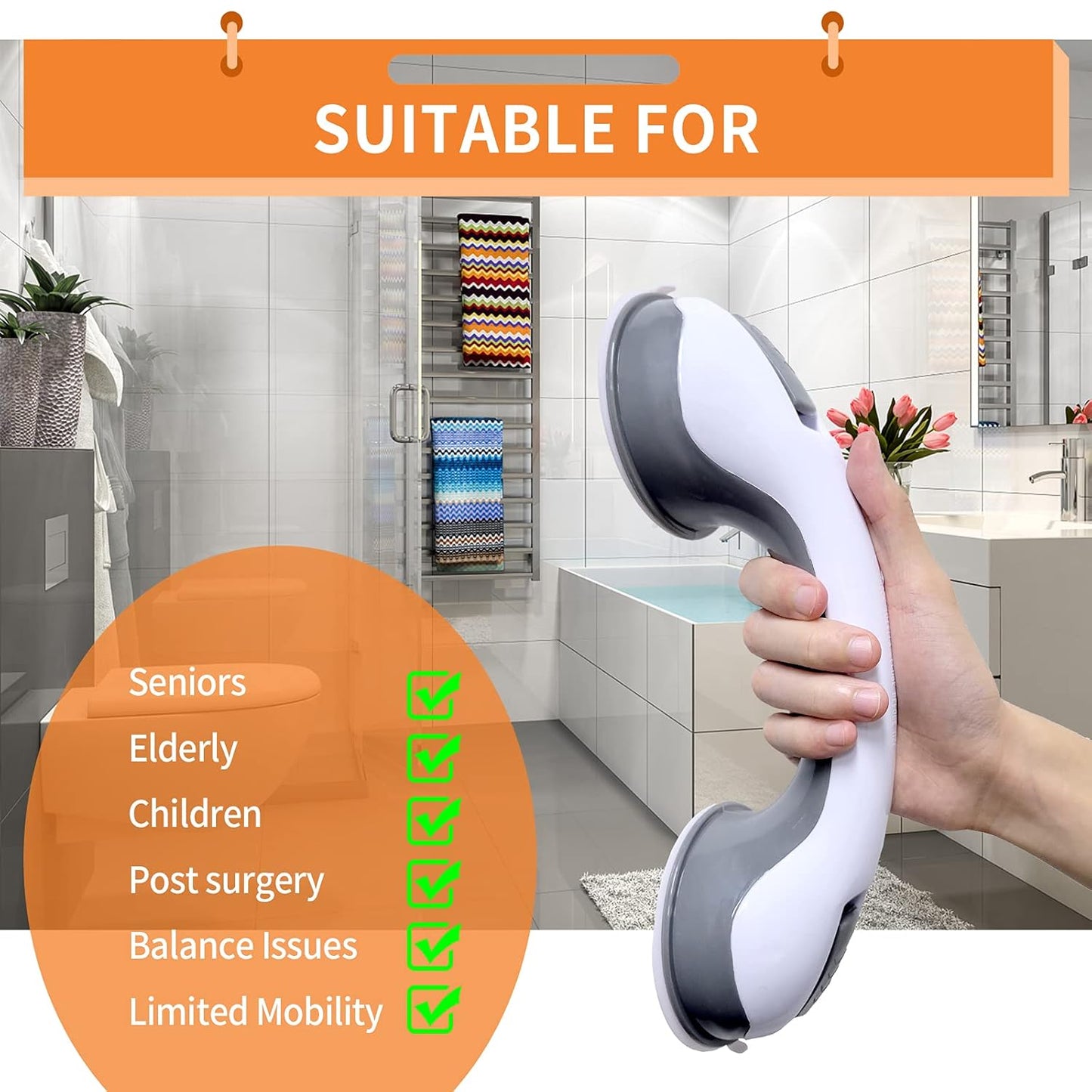 12' Portable Grab Bars for Bathroom,Ultra Grip Dual Locking Shower Handles for Elderly,Safety Suction Grab Bars for Shower,Balance Assit Hand Rail Support,Injury,Senior,Kids(Gray, 12"-Pack of 1)