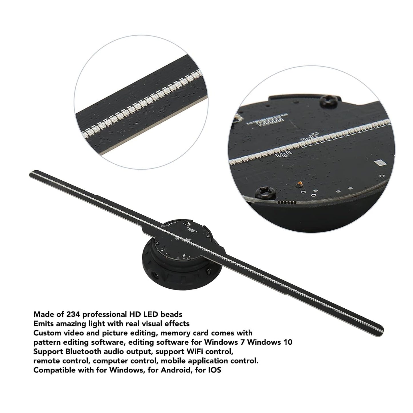 LED Holographic Fan, 3D Hologram Advertising Machine WiFi Control 234 LED Beads 512x234P Resolution for Party for Android for iOS for Shop (EU Plug)