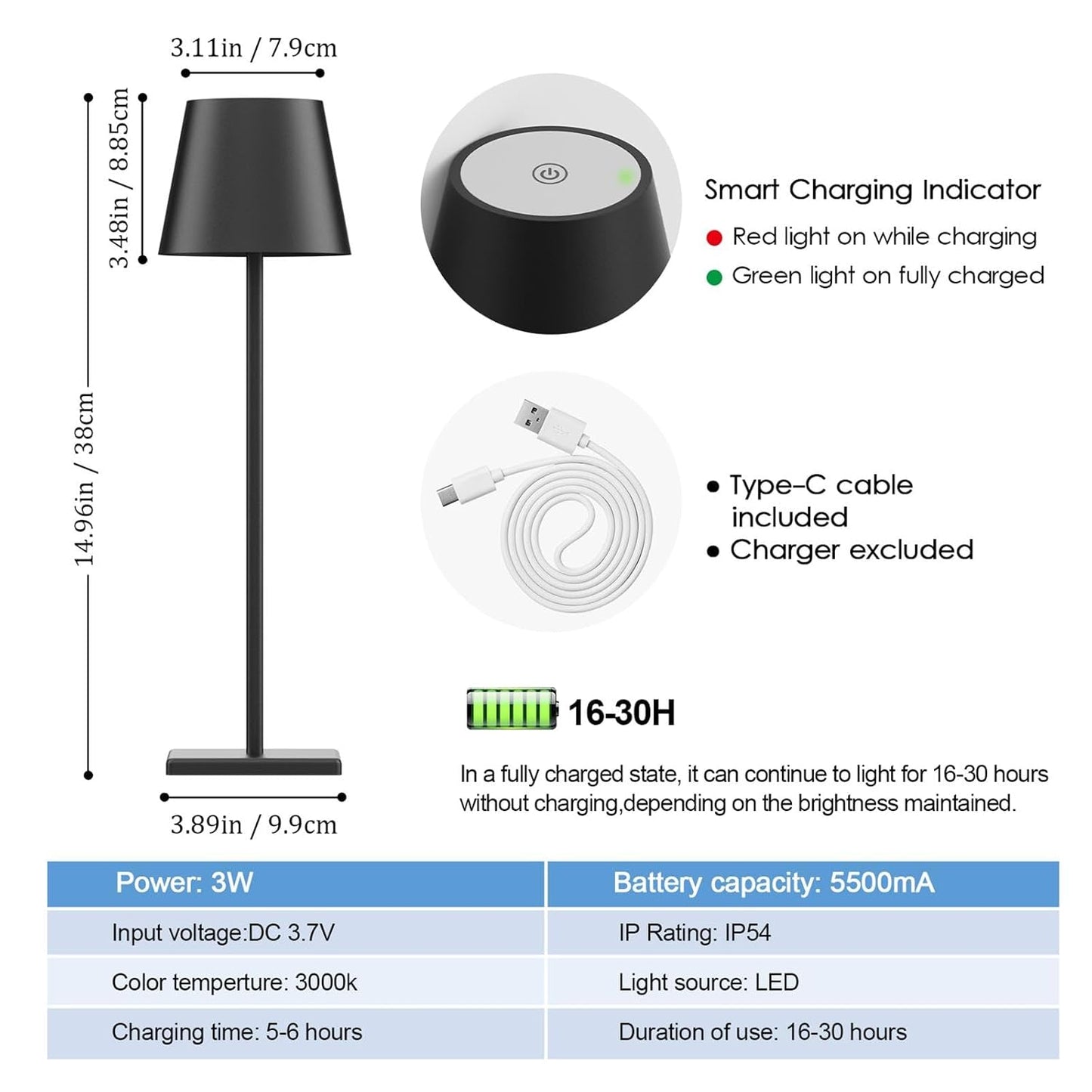 LED Cordless Table Lamp, Rechargeable Battery Desk lamp 5000mAh Battery Operated Stepless Dimming Modern Portable Table Light for Restaurant/Dinner/Table/Bedroom/Outdoor IP54 Waterproof (Black)