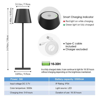 LED Cordless Table Lamp, Rechargeable Battery Desk lamp 5000mAh Battery Operated Stepless Dimming Modern Portable Table Light for Restaurant/Dinner/Table/Bedroom/Outdoor IP54 Waterproof (Black)