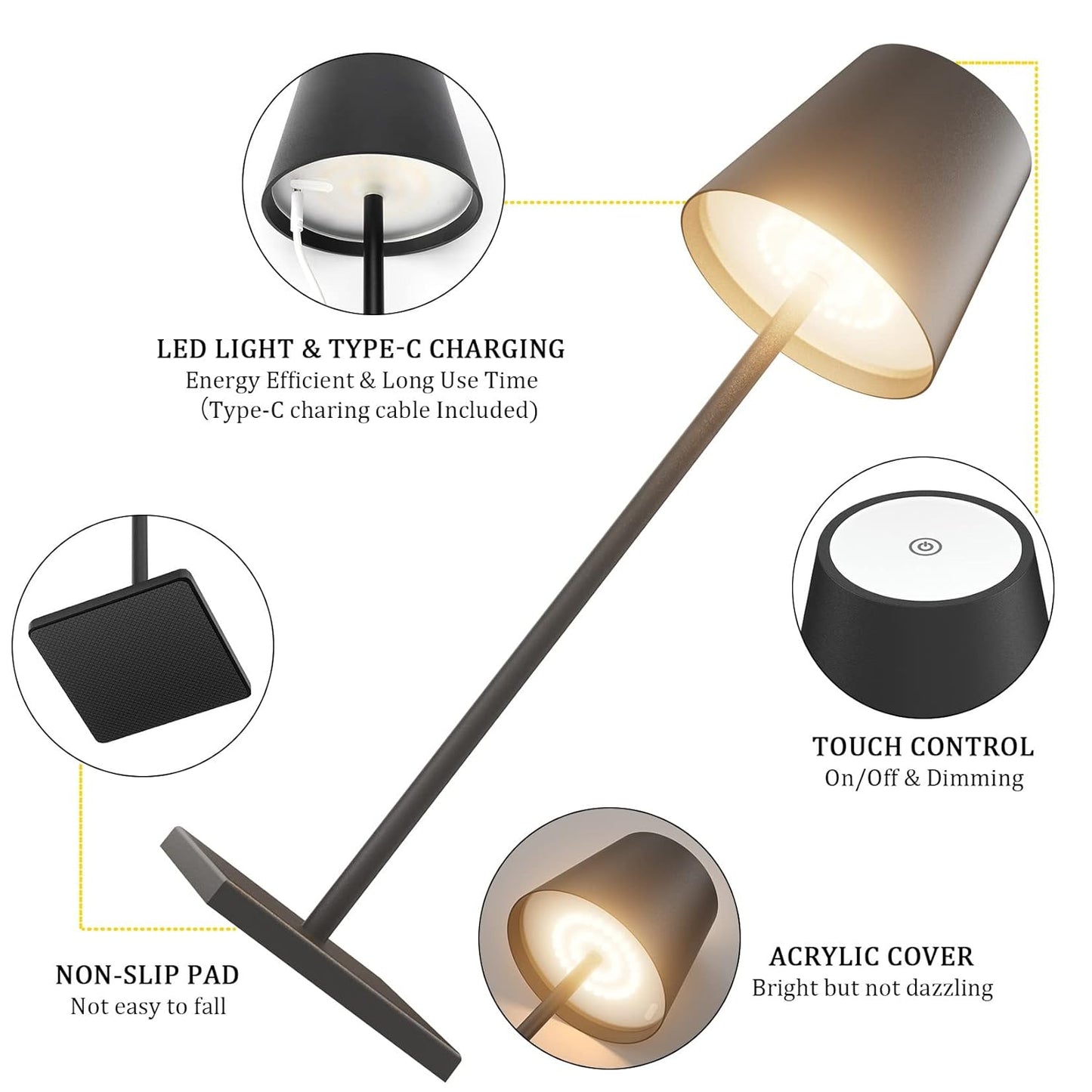 LED Cordless Table Lamp, Rechargeable Battery Desk lamp 5000mAh Battery Operated Stepless Dimming Modern Portable Table Light for Restaurant/Dinner/Table/Bedroom/Outdoor IP54 Waterproof (Black)