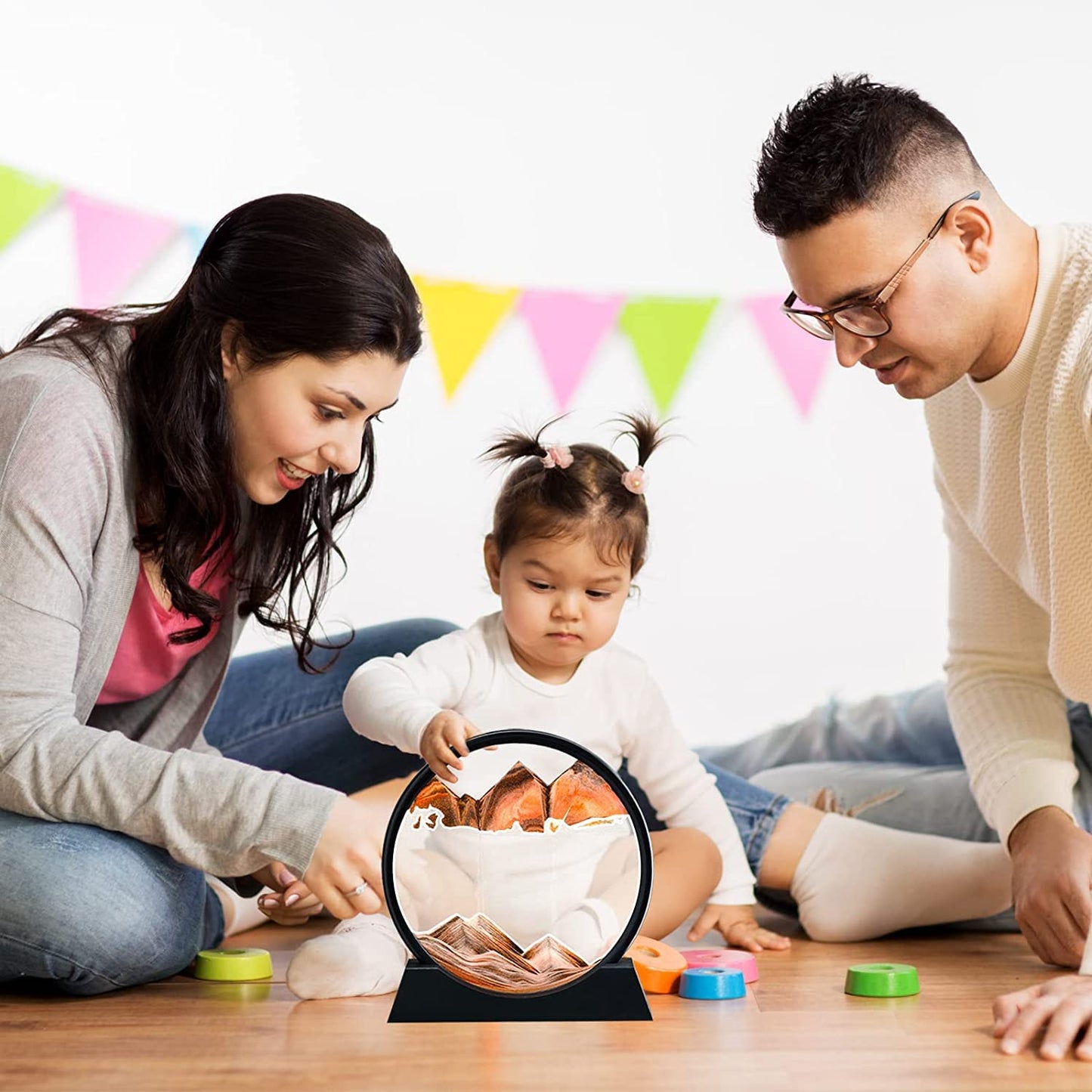 3D Dynamic Sand Art Liquid Motion, Moving Sand Art Picture Round Glass 3D Deep Sea Sandscape in Motion Display Flowing Sand Frame Relaxing Desktop Home Office Work Decor