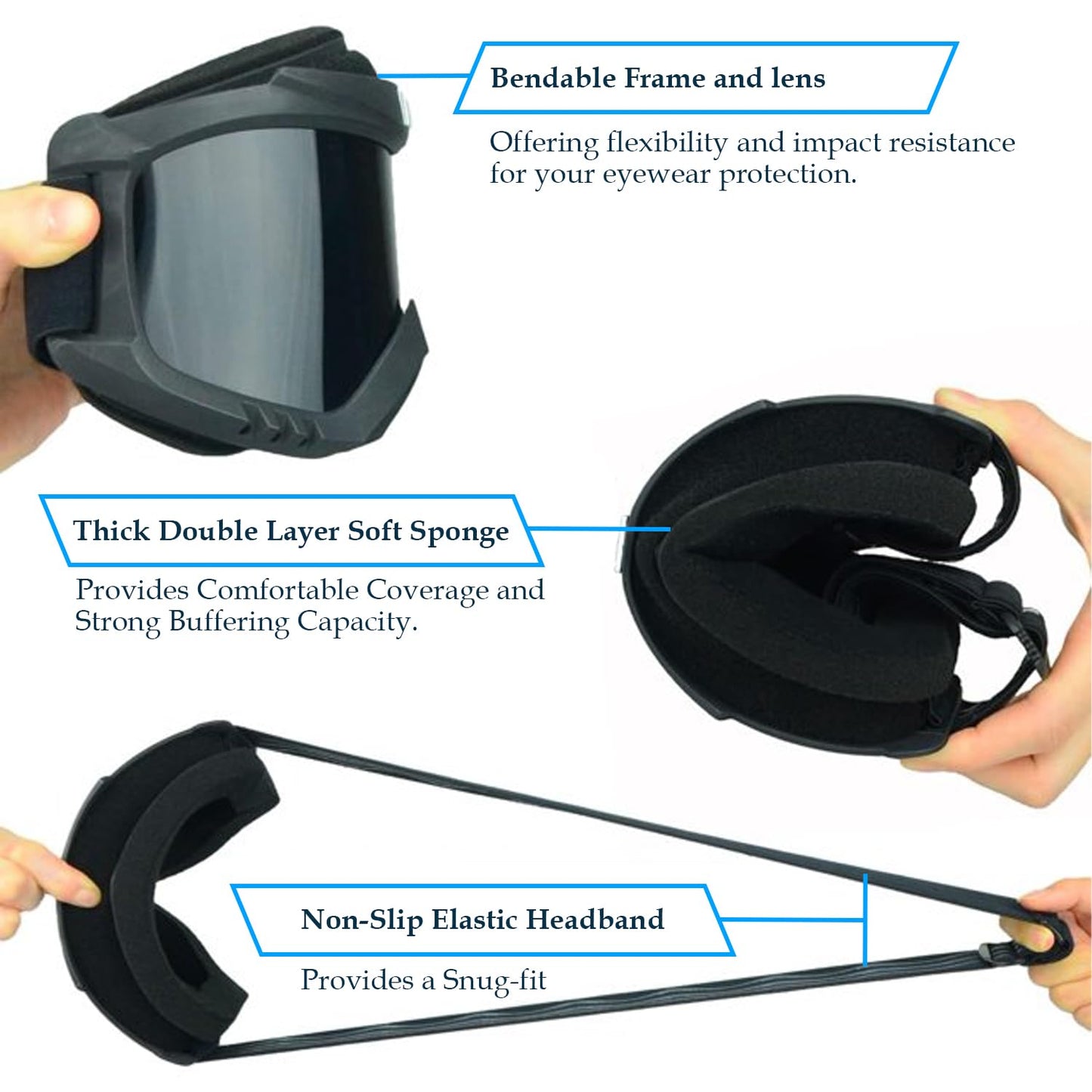 Goggle Mask Anti Scratch UV Protective Open Face & Eyewear Windproof Dirt Shield Adjustable Strap Soft Foam Padded Detachable for Cycling Bike Off Road Racing Riding Unisex (Black, 1 PC)