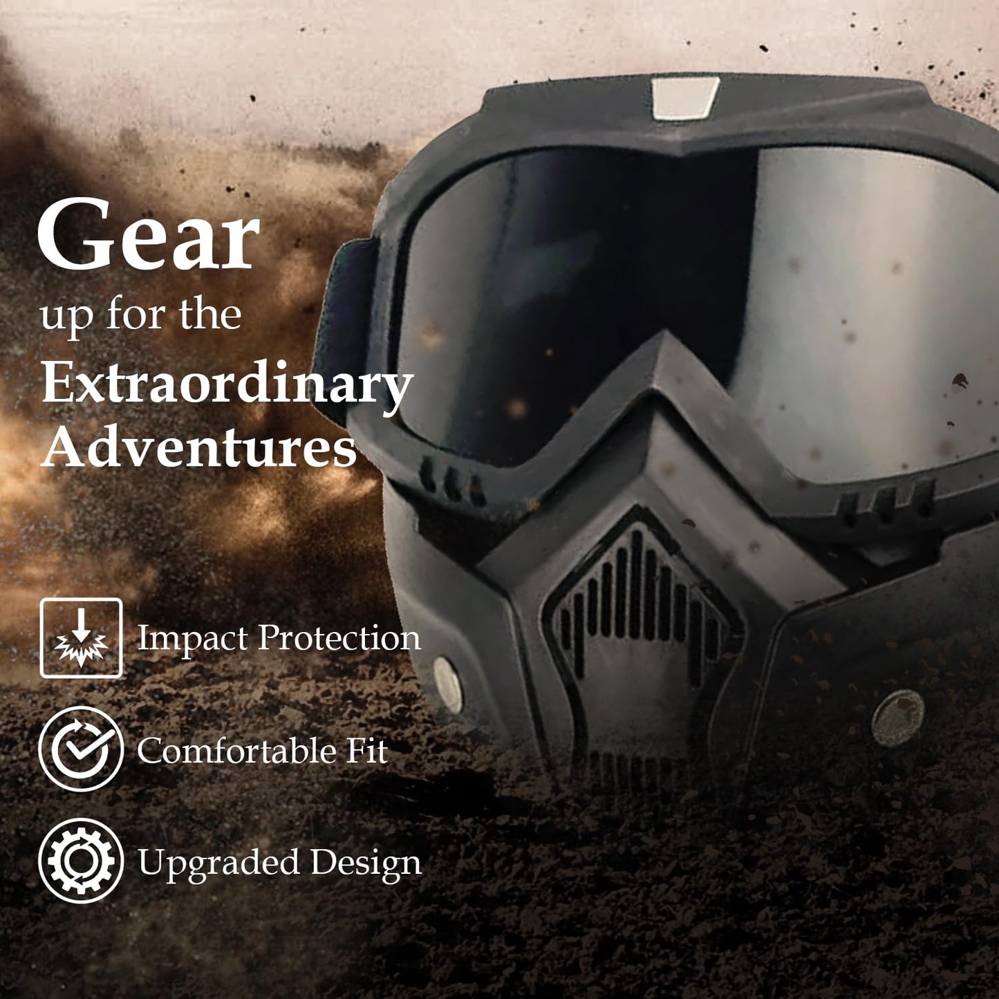 Goggle Mask Anti Scratch UV Protective Open Face & Eyewear Windproof Dirt Shield Adjustable Strap Soft Foam Padded Detachable for Cycling Bike Off Road Racing Riding Unisex (Black, 1 PC)