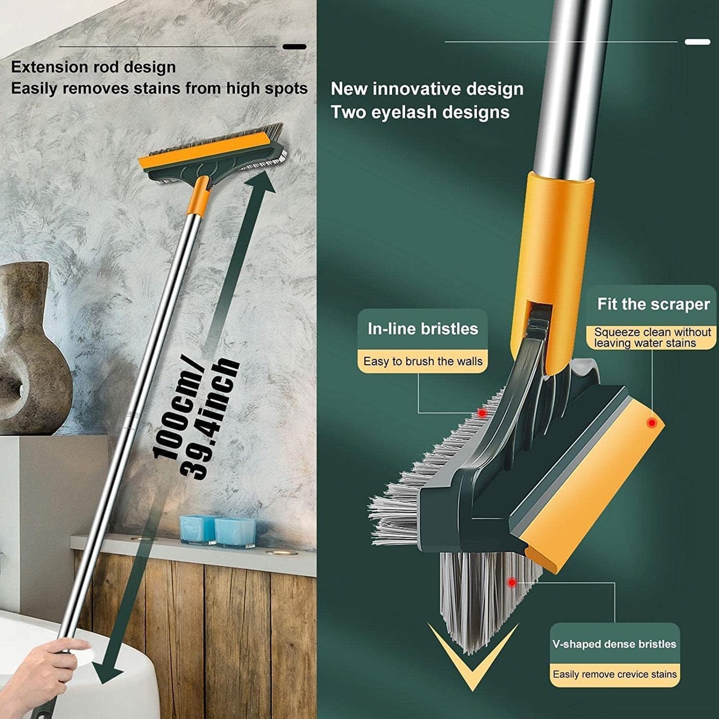Bathroom Cleaning Brush with Wiper Upgraded 3 in 1 Tiles Cleaning Brush Bathroom Brush with Long Handle 180° Rotate Bathroom Floor Cleaning Brush Bathroom Cleaning Accessories