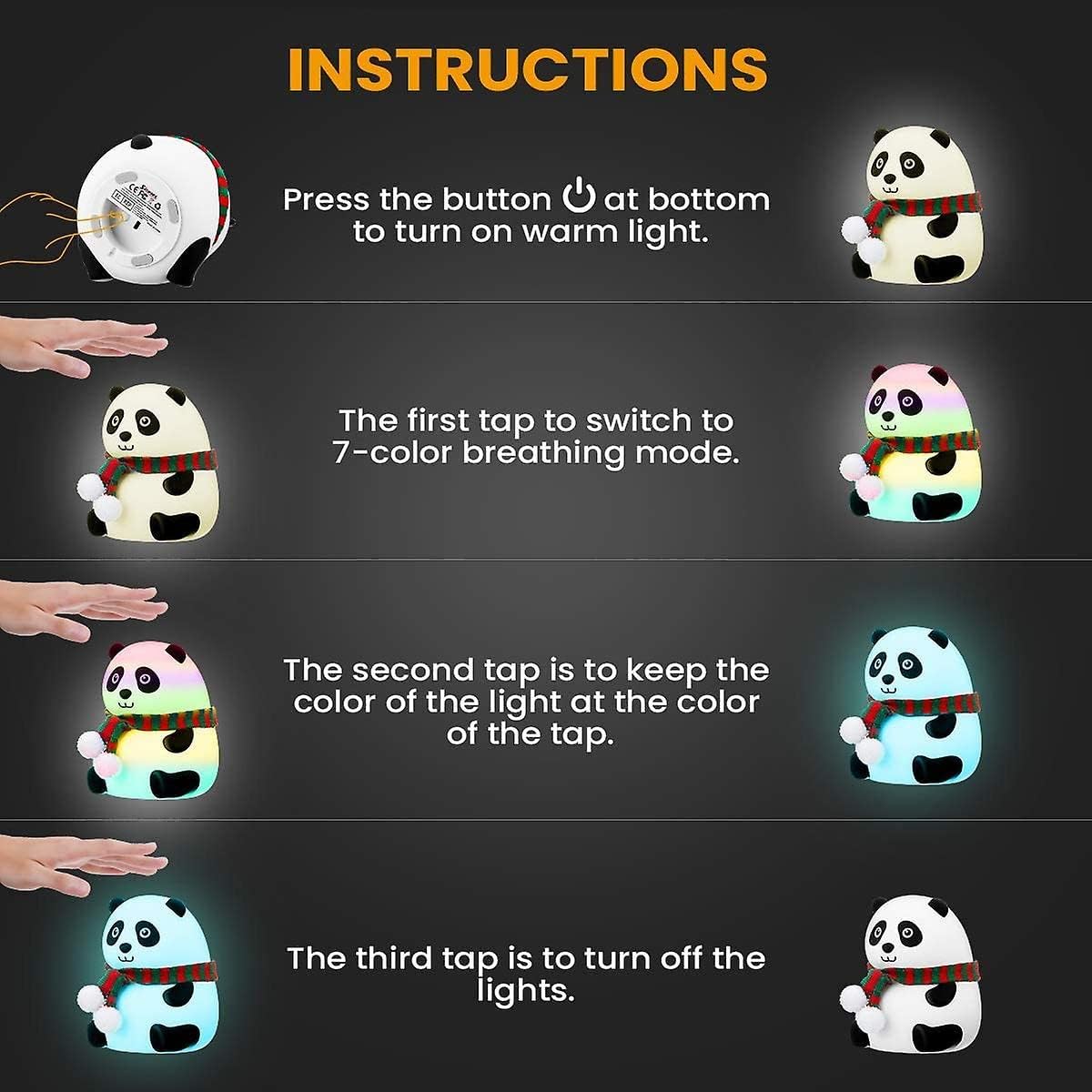 Panda Night Lamp, Panda Touch Silicone Lamp, 7 Colour Changing Light For Kids Bedroom, Usb Rechargeable,Birthday Gift For Girls And Boys (Close Eye), Multicolor, led