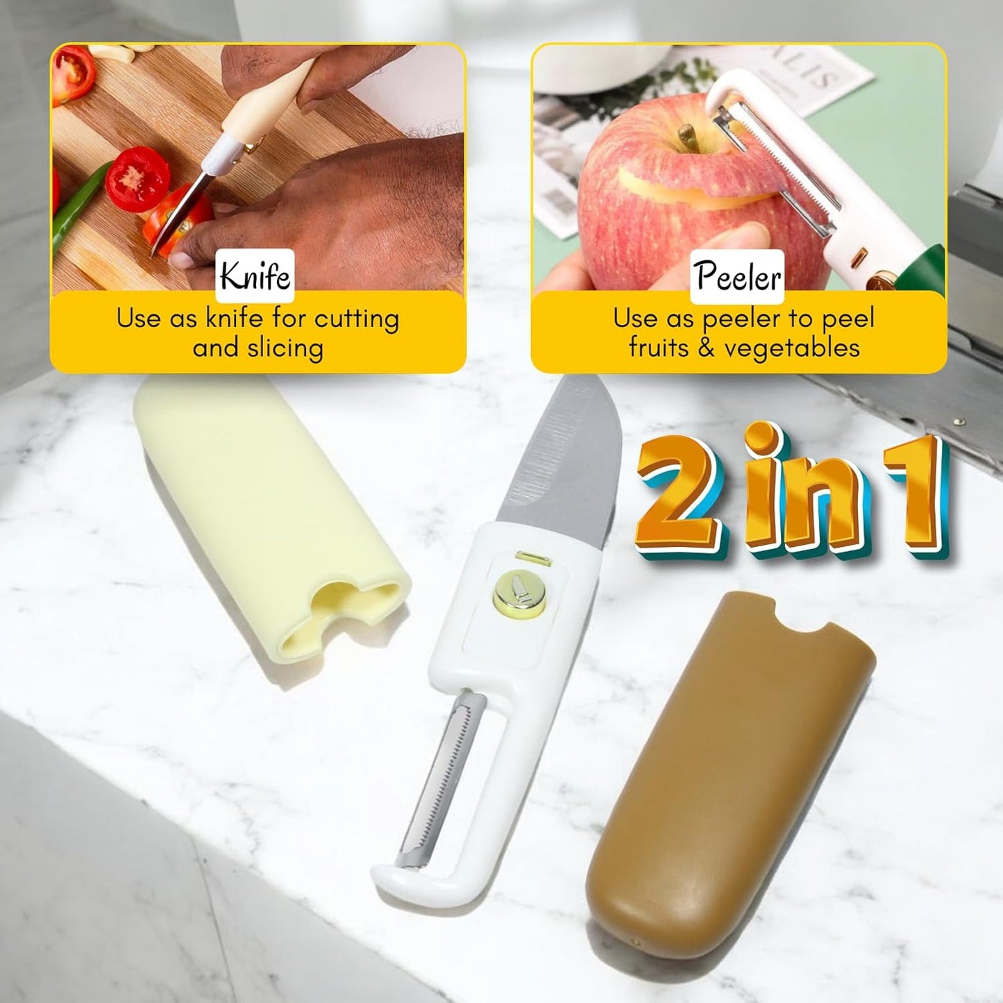 2 in 1 Stainless Steel Peeler with Knife, Lightweight and Travel Friendly, Compact and Portable, Dual or multipurpose, vegetables and fruits peeler cutter, Knife and Peeler set with case cover