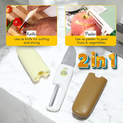 2 in 1 Stainless Steel Peeler with Knife, Lightweight and Travel Friendly, Compact and Portable, Dual or multipurpose, vegetables and fruits peeler cutter, Knife and Peeler set with case cover