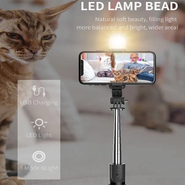 Q07 Selfie Stick with Selfie Remote and Selfie Light Compatible with Any Mobile Phone (Black)