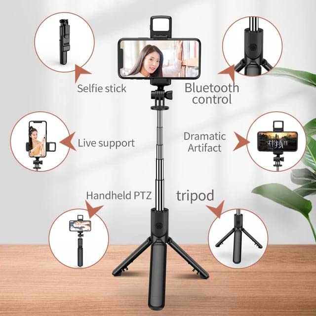 Q07 Selfie Stick with Selfie Remote and Selfie Light Compatible with Any Mobile Phone (Black)