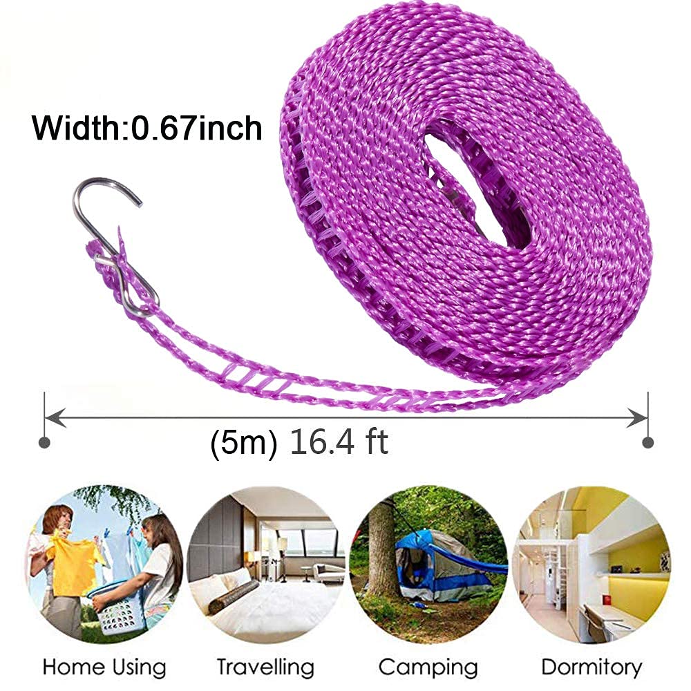 5 Meters Windproof Anti-Slip Clothes Washing Line Drying Nylon Rope with Hooks 5 Meter Nylon Clothesline Rope (Color May Vary)