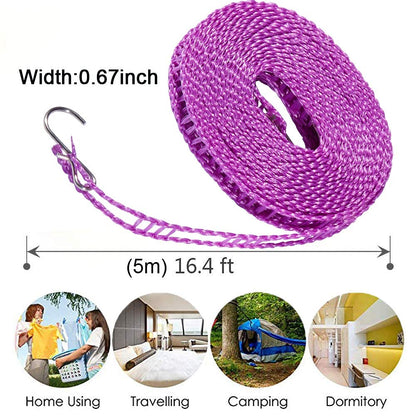 5 Meters Windproof Anti-Slip Clothes Washing Line Drying Nylon Rope with Hooks 5 Meter Nylon Clothesline Rope (Color May Vary)