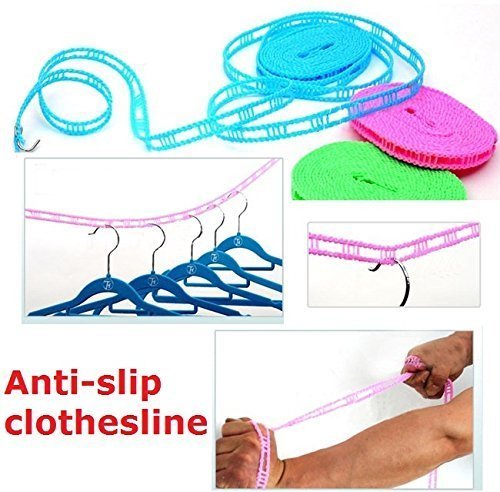 5 Meters Windproof Anti-Slip Clothes Washing Line Drying Nylon Rope with Hooks 5 Meter Nylon Clothesline Rope (Color May Vary)