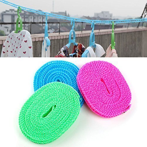 5 Meters Windproof Anti-Slip Clothes Washing Line Drying Nylon Rope with Hooks 5 Meter Nylon Clothesline Rope (Color May Vary)