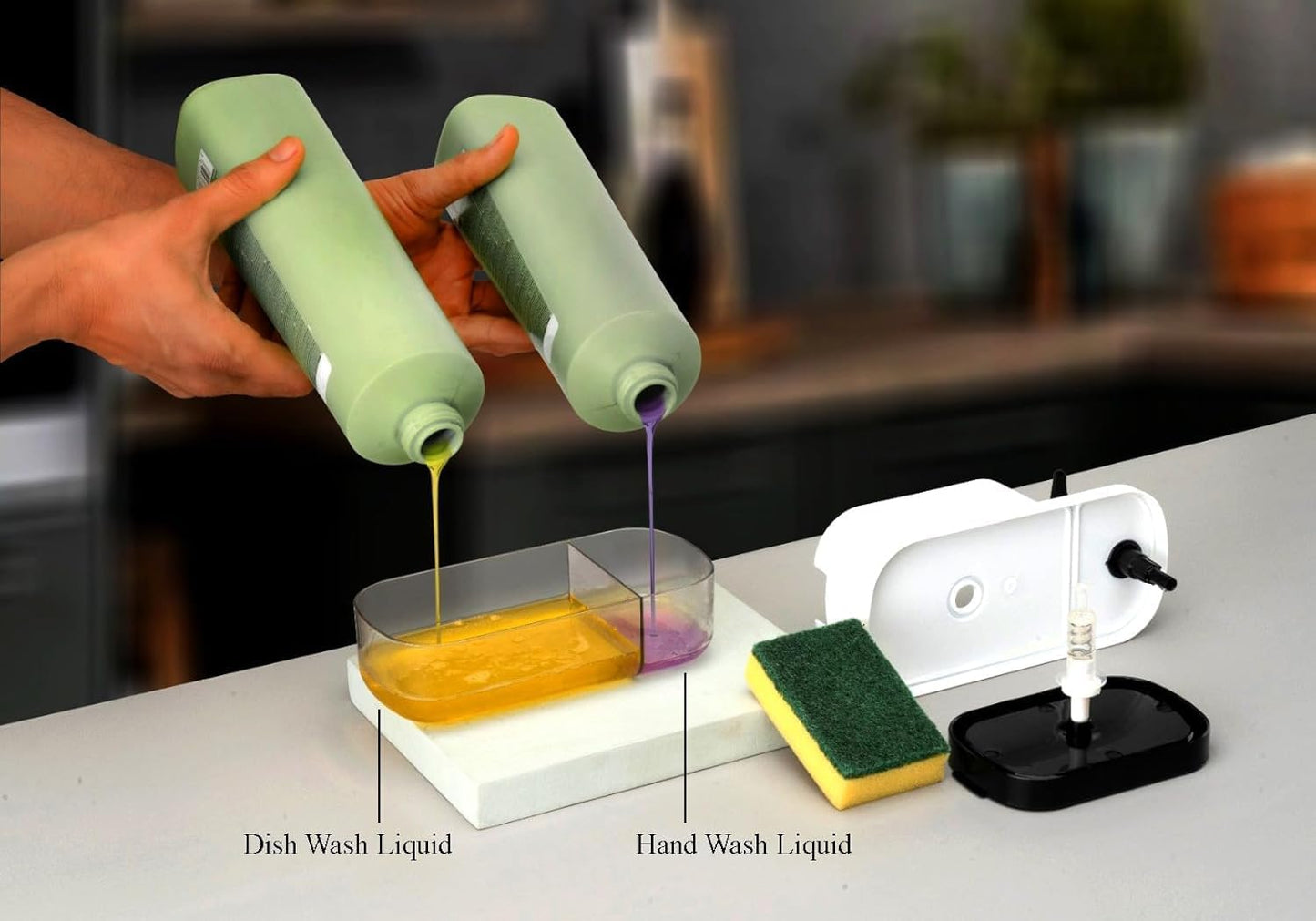 3 in 1 Soap Pump Dispenser Dish Soap Liquid Dispenser Sponge Holder Dish Soap Pump Dispenser for Kitchen Sink Countertop Kitchen Bathroom (Multi-Color)