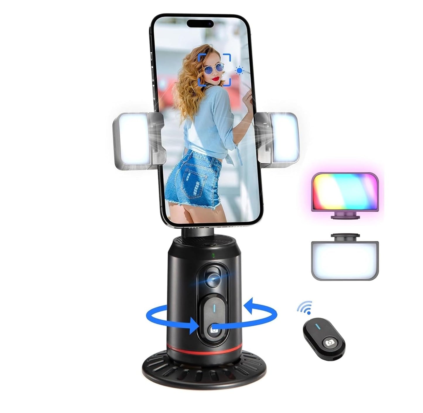 Q02 Auto Face Tracking Mobile Phone Holder, 360° Rotation Gimbal Stabilizer Tripod Smart Shooting Camera Mount for Live Vlog Streaming Video (Gimbal+Rechargeable Remote Control+2 LED Lights)