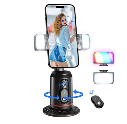 Q02 Auto Face Tracking Mobile Phone Holder, 360° Rotation Gimbal Stabilizer Tripod Smart Shooting Camera Mount for Live Vlog Streaming Video (Gimbal+Rechargeable Remote Control+2 LED Lights)