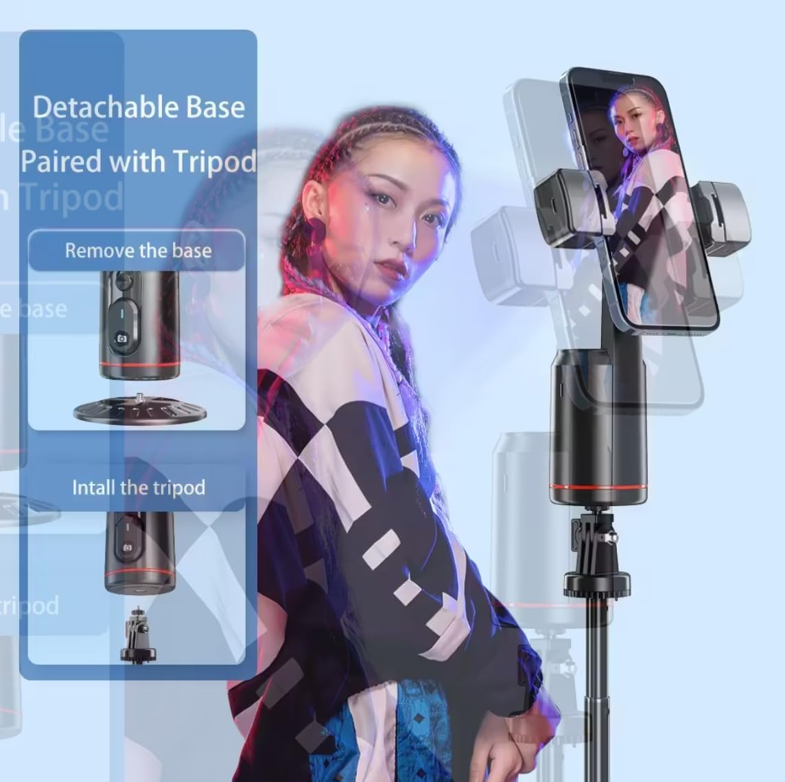 Q02 Auto Face Tracking Mobile Phone Holder, 360° Rotation Gimbal Stabilizer Tripod Smart Shooting Camera Mount for Live Vlog Streaming Video (Gimbal+Rechargeable Remote Control+2 LED Lights)