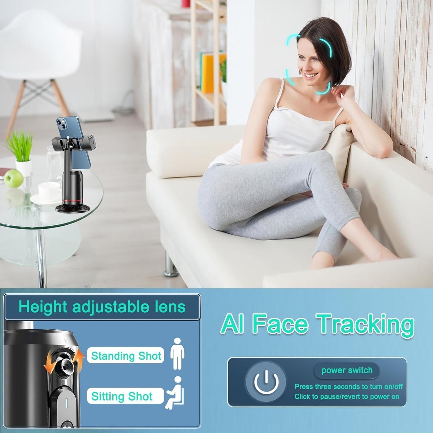 Q02 Auto Face Tracking Mobile Phone Holder, 360° Rotation Gimbal Stabilizer Tripod Smart Shooting Camera Mount for Live Vlog Streaming Video (Gimbal+Rechargeable Remote Control+2 LED Lights)